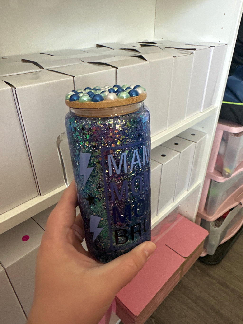 20oz Glass with Handle Glow in Dark Snowglobe Tumbler RTS with Bling Lid