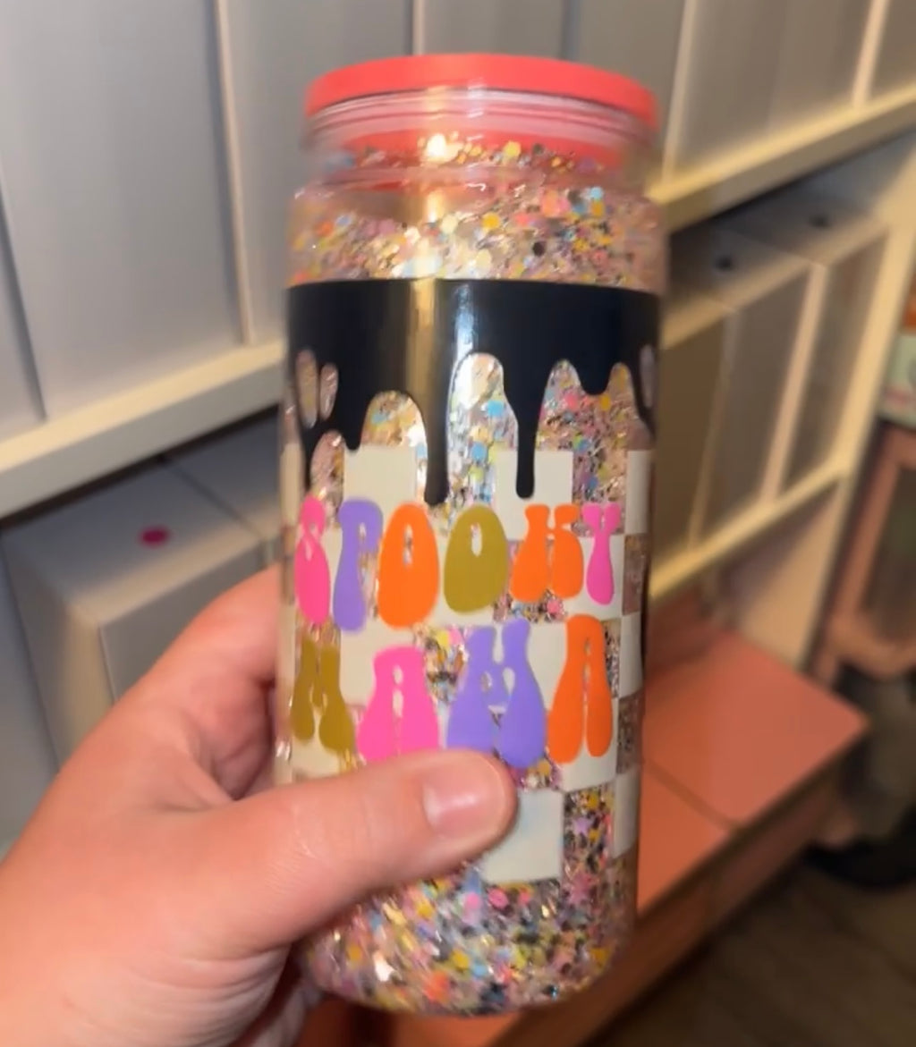 16oz Acrylic “Spooky Mama” SnowGlobe glow in the dark tumbler