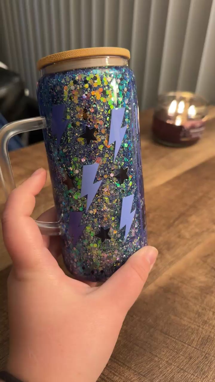 20oz Glass with Handle Glow in Dark Snowglobe Tumbler RTS with Bling Lid